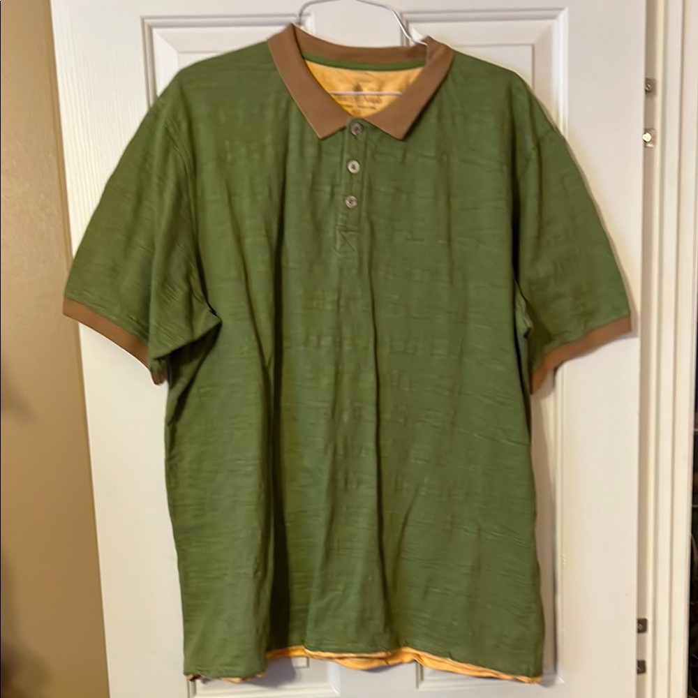 Green Polo Shirt with Brown Collar